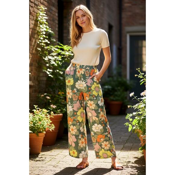 ALBERTINE Pants - ALBERTINE Floral Bohemian Retro Pants Size XS 100% Viscose Elasticated Waistline
